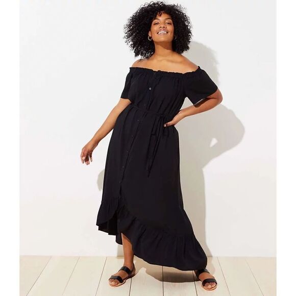 New Loft Short Sleeve High -Low Rayon Belted Button Maxi Dress Black 20 Plus‎ - Picture 1 of 16
